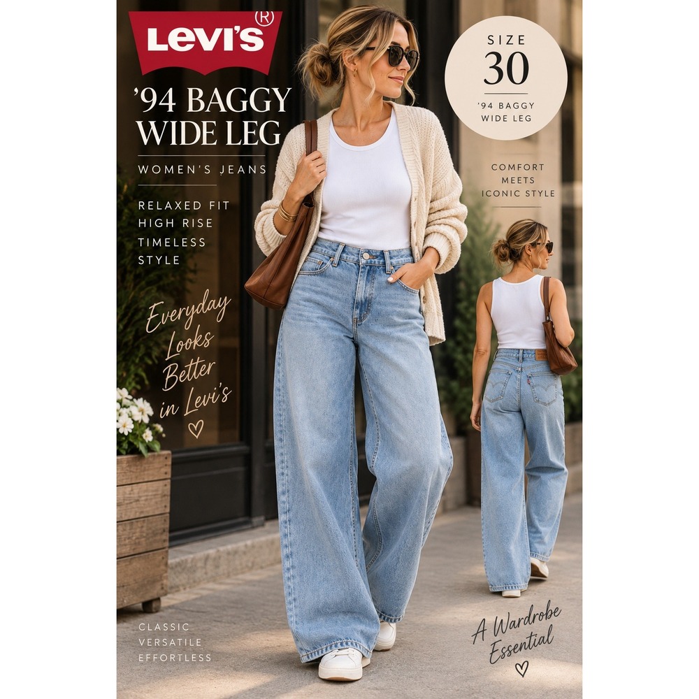 Levis 94 Baggy Wide Leg Jeans Light Wash High Rise Denim Size 30